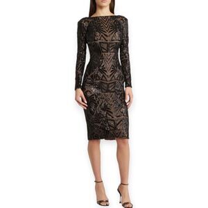 Dress the Population Emery Long Sleeve Black Sequin Cocktail Dress